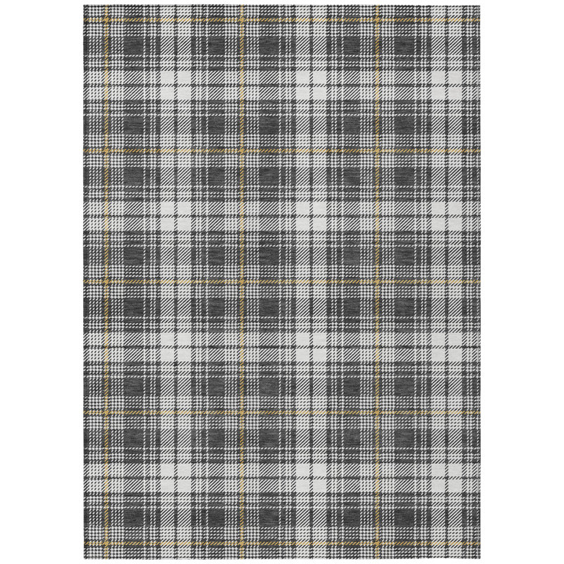 Charcoal Plaid Machine Washable Synthetic Indoor/Outdoor Rug