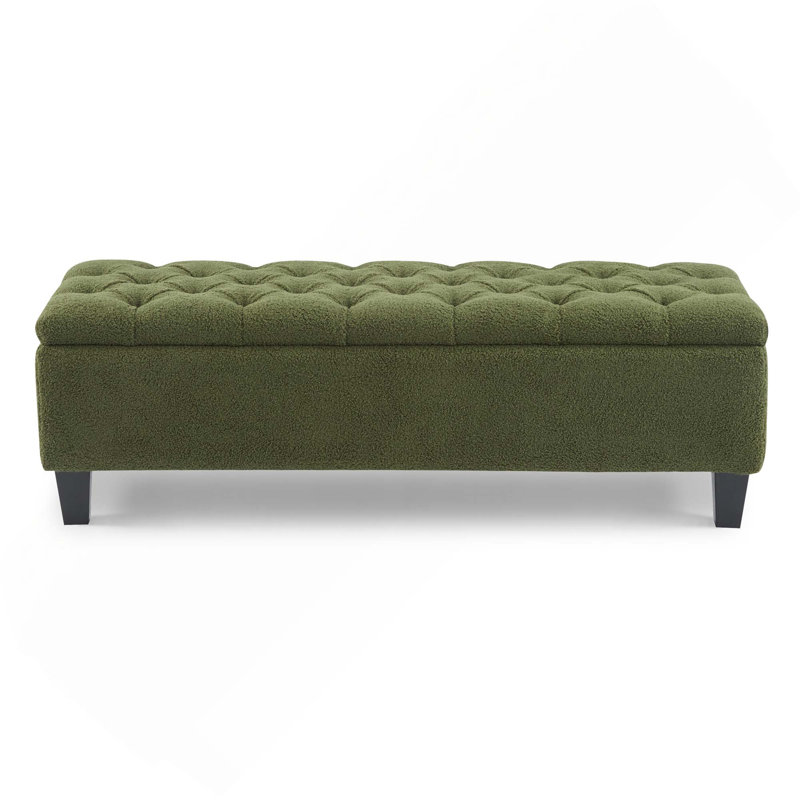 Ottoman Bench With Storage & Rubber Wood Legs, Green