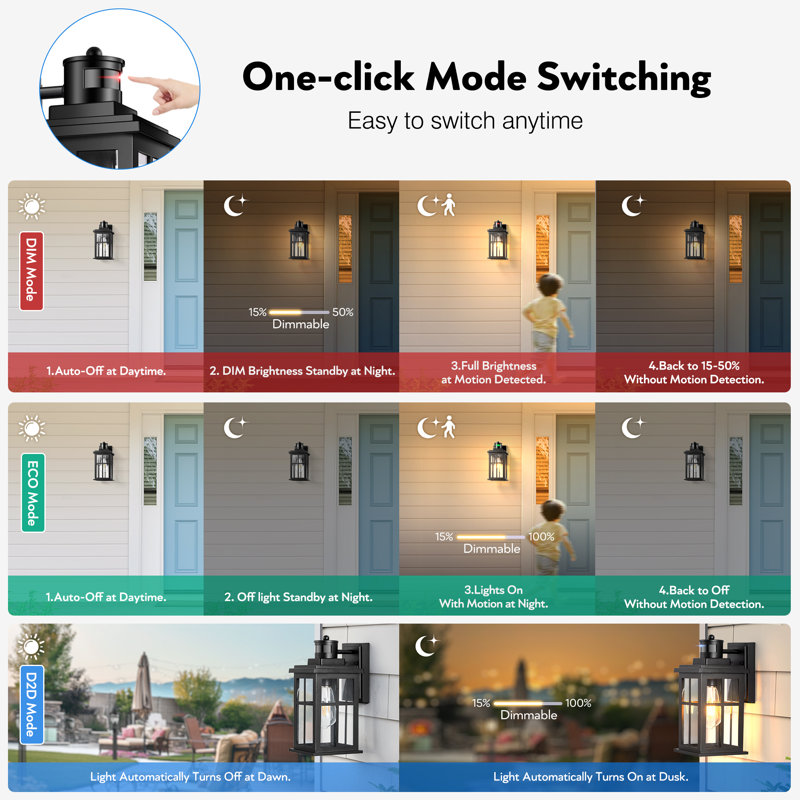 Black Motion Sensor Outdoor Wall Lantern Sconce Light with Tempered Glass, Matte Black
