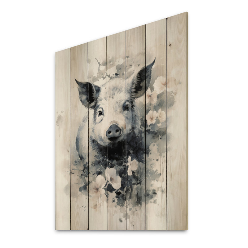 Art asiatique, cochon Sumi sur bois, H 20 po x l 10 po x P 0,78 po