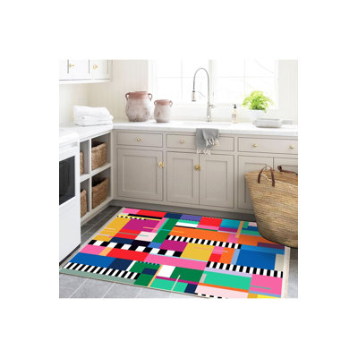 Multicolor Shapes Pattern Woven Base Modern Decorative Machine Washable Rug