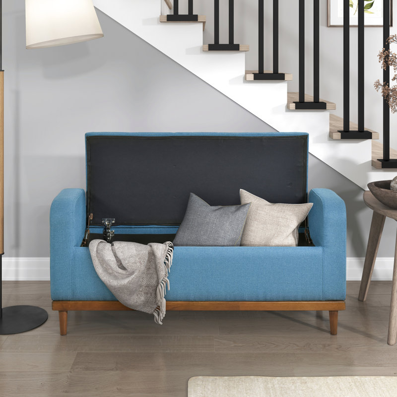 Banc de chambre bleu Mid-Century moderne, structure en bois de noyer massif, espace de rangement sur le dessus, banc d'une capacité de 300 lb pour la chambre à coucher, finition, conception, support de poids
