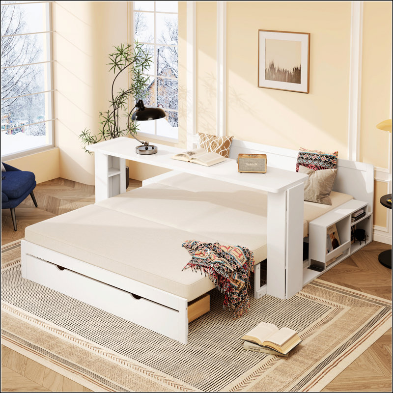 Grand lit de jour avec bureau amovible, tiroirs de rangement et table d'appoint hydraulique pour des espaces de vie multifonctionnels