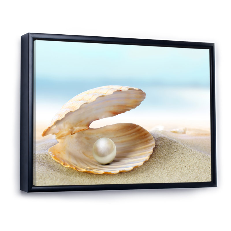 Coquillage avec une perle - Photographie sur toile, H 16 po x l 32 po x P 1 po, Cadre flottant noir