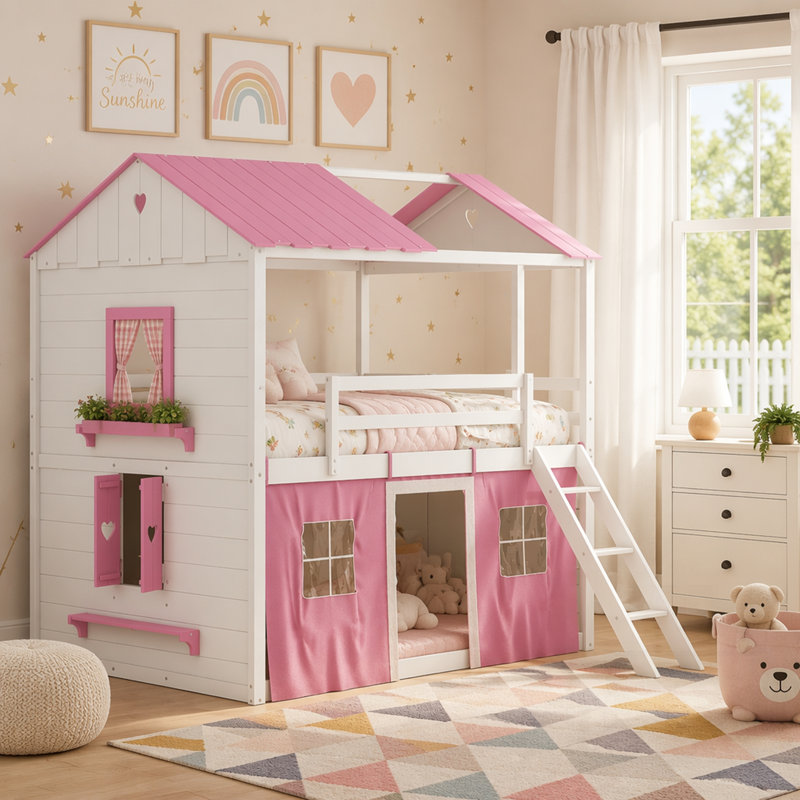 Lit superposé en bois avec élégantes fenêtres, rebords et tente, parfait pour jouer et dormir, Double, Blanc + rose