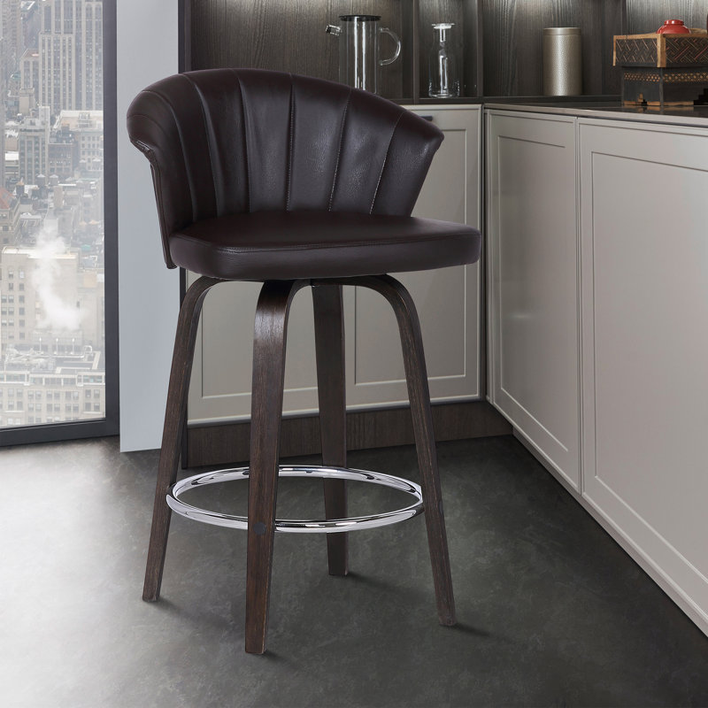 Vandt Swivel Counter or Bar Height Bar Stool with Chrome Footrest in Brown Faux Leather and Plywood