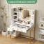 Bureau de coiffeuse avec miroir et lumières, coiffeuse de maquillage réglable à 3 modes d'éclairage, coiffeuse blanche moderne avec tabouret, station de charge, 3 tiroirs, armoire et tablettes ouvertes