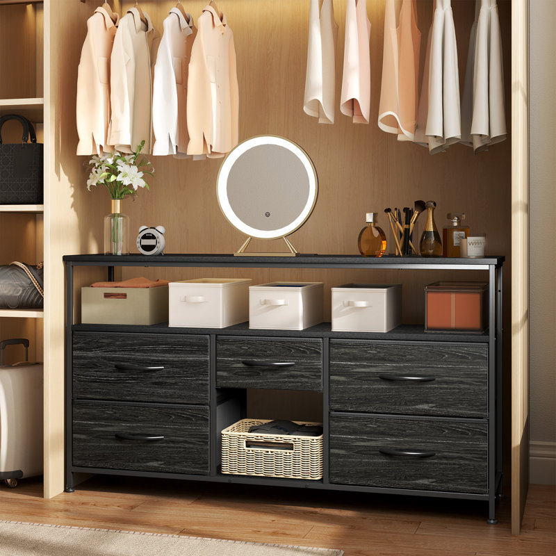 43.3"w Dresser Tv Stand With Power Outlets & Led Lights - 5 Fabric Storage Drawers, Black