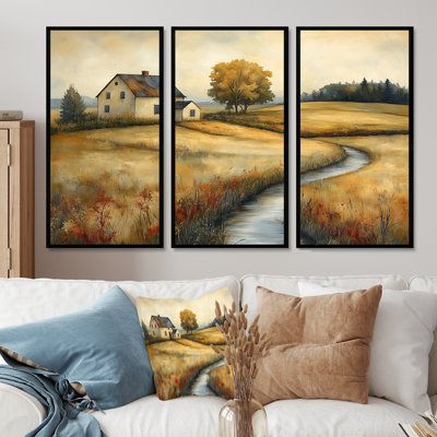 Chemin orange vers la ferme en automne III - ensemble d'art mural de ferme