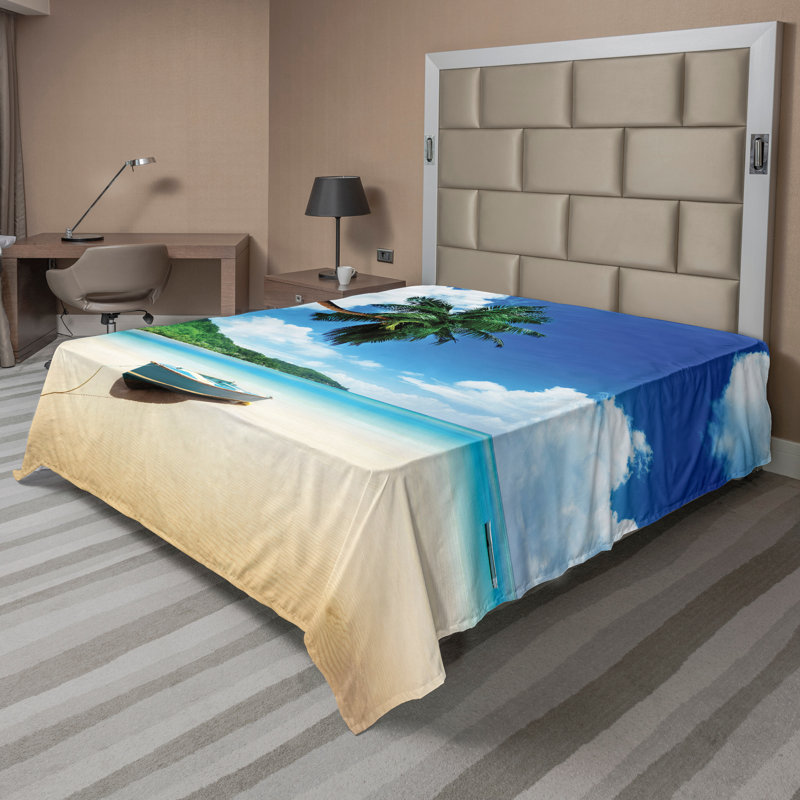 Ambesonne océan drap plat sur la plage de l'île de Mahé bleu vert sable brun, Grand