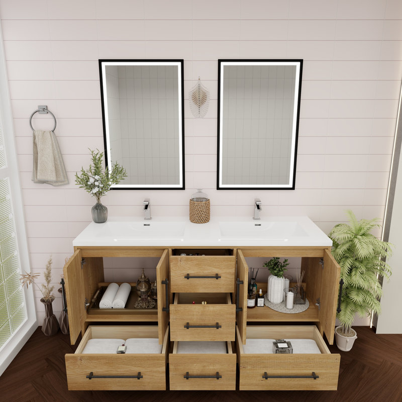 Victoria Oak Finish Double Freestanding Bathroom Vanity with Acrylic Top