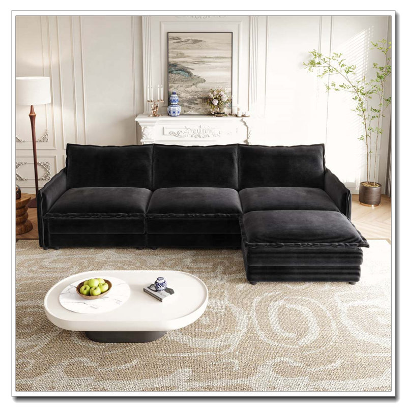 Corduroy Fabric 3-Seater Comfy Cloud Couch with Movable Footrest for Living Room, Black