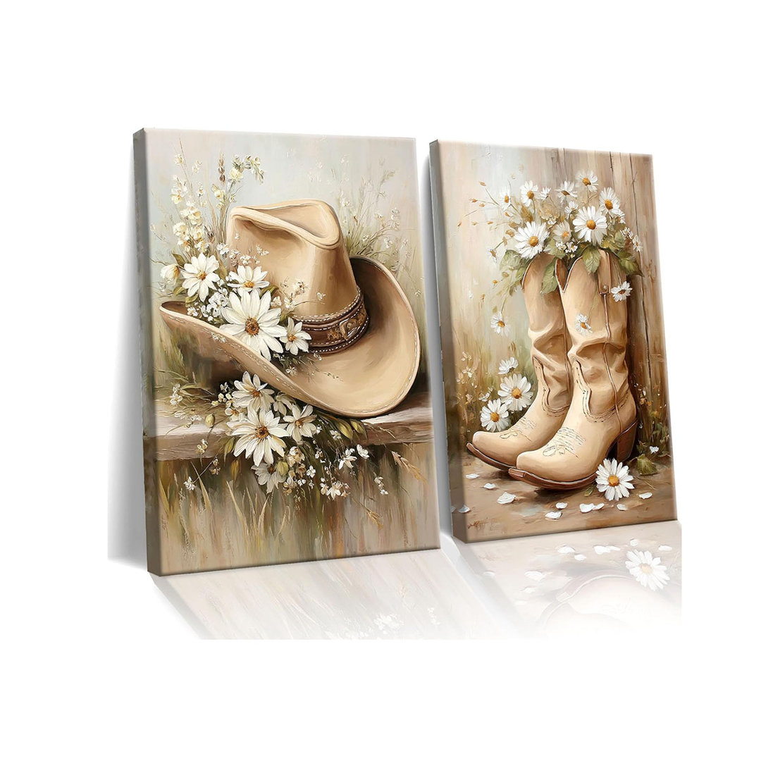 2 Piece Set Framed Floral Cowgirl Footwear Canvas Wall Art,Cowboy Hat And Boots Canvas Prints,For Girls Bedroom Living Room Dorm 12X16 Inch