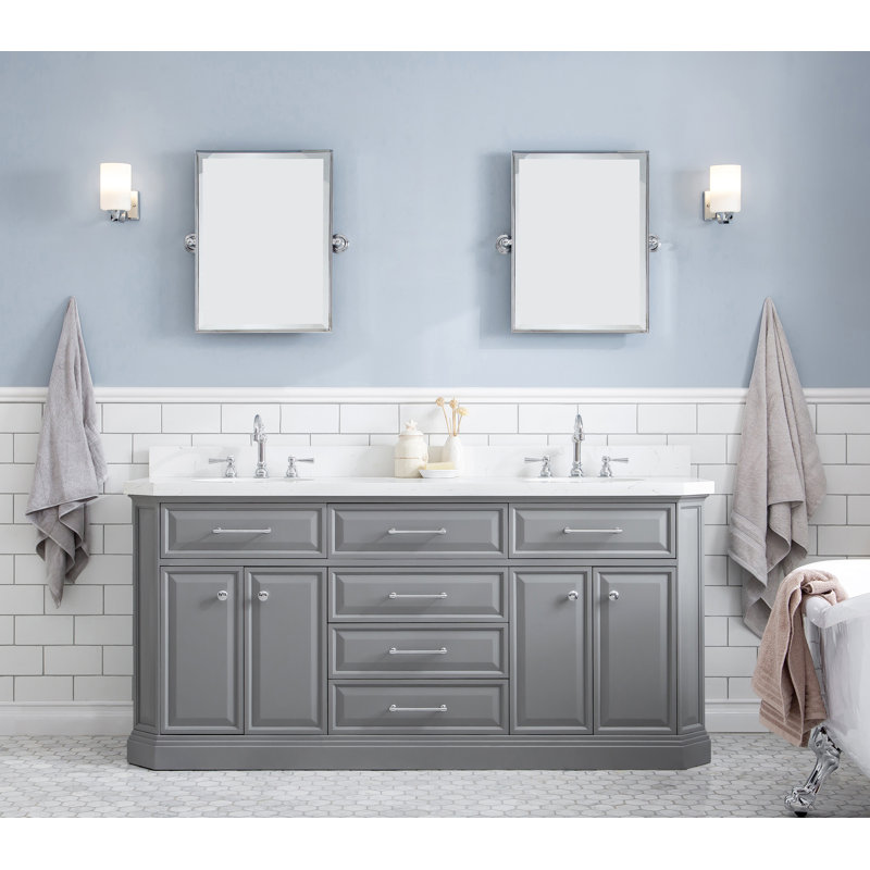 72" Palace Collection Quartz Carrara Cashmere Grey Bathroom Vanity Set With Hardware And F2-0012 Faucets in Chrome Finish