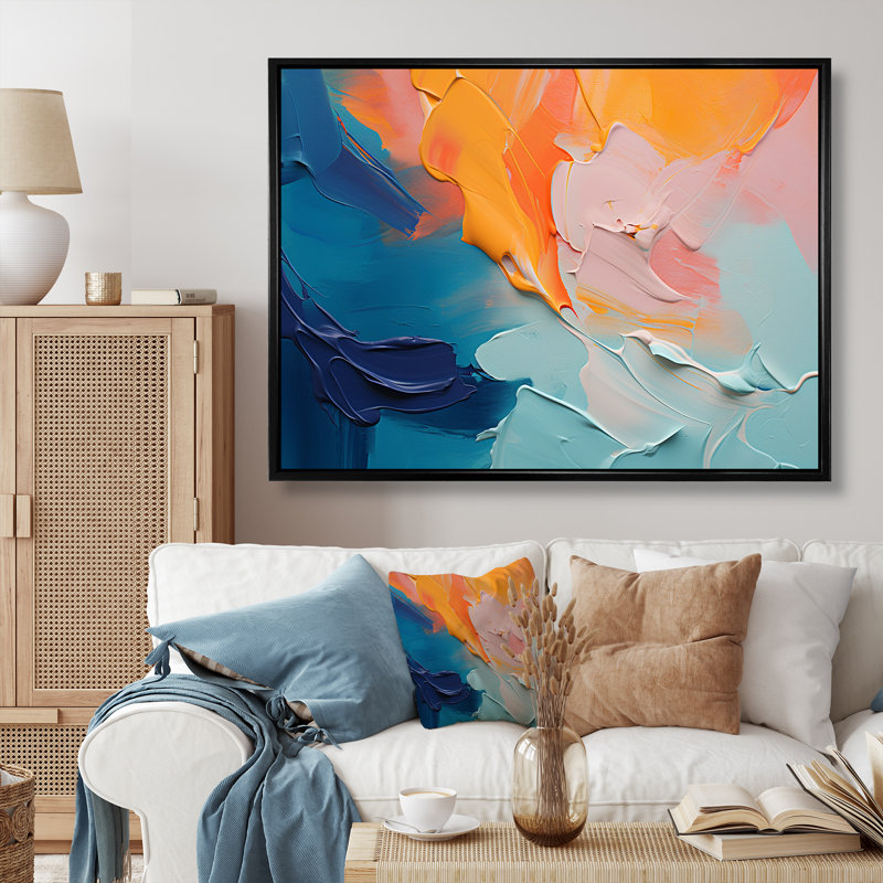 «Blue and Orange Paint Abstract Expression 2», art mural abstrait, Cadre flottant noir, H 30 po x l 40 po x P 1,5 po