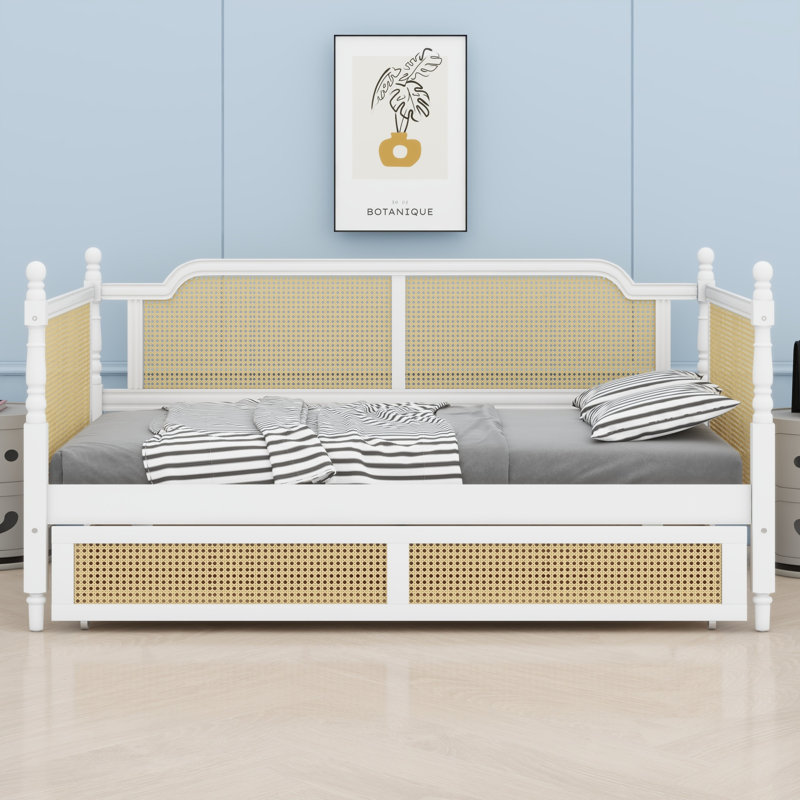 Elegant Traditional Rattan Daybed with 2 Drawers, Antique White