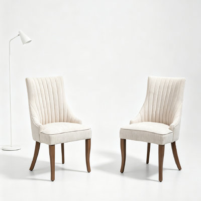 2Pcs Modern Linen Upholstered Dining Chairs, Mid-Century Wingback Side Chair With Channel Tufted Back, Solid Wood Legs, High Back Padded Kitchen Chair For Dining Room Living Room Bedroom, Beige