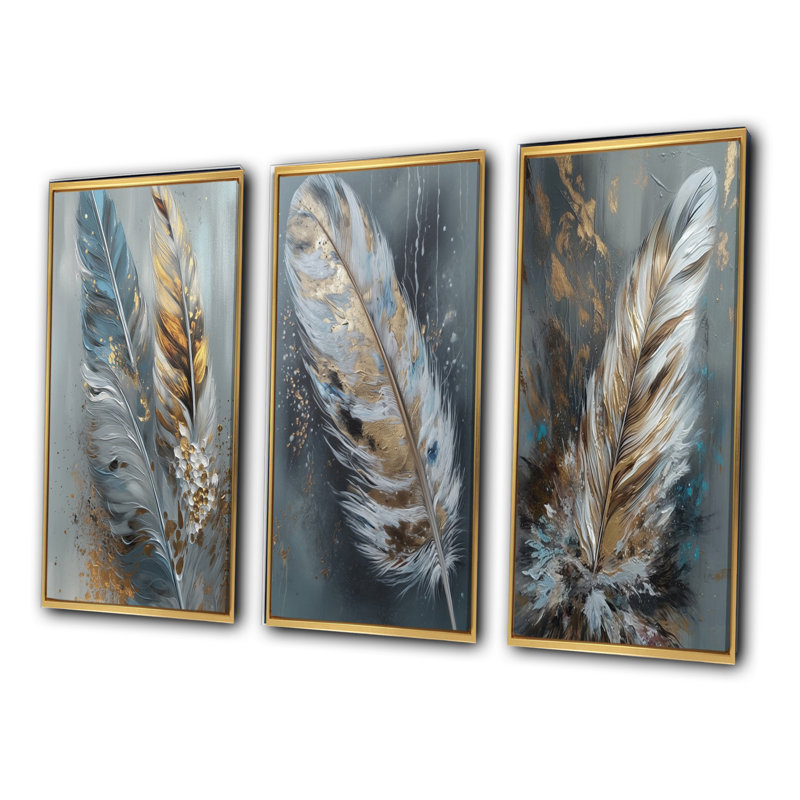 3 pièces sur toile - plumes d'or Wanderlust, H 40 po x l 60 po, Cadre flottant doré