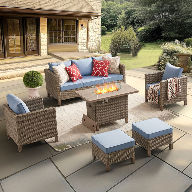 6-piece Outdoor Wicker Patio Conversation Furniture Set With Fire Pit Table, Blue