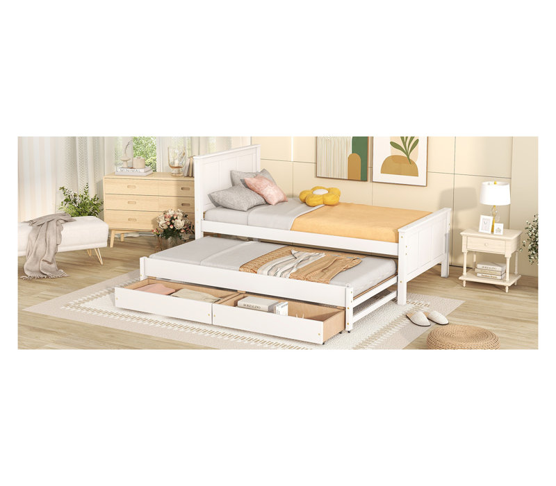 Lit de jour simple blanc avec lit gigogne et tiroirs de rangement - Base de lit plateforme en bois de pin massif pour enfants et invités