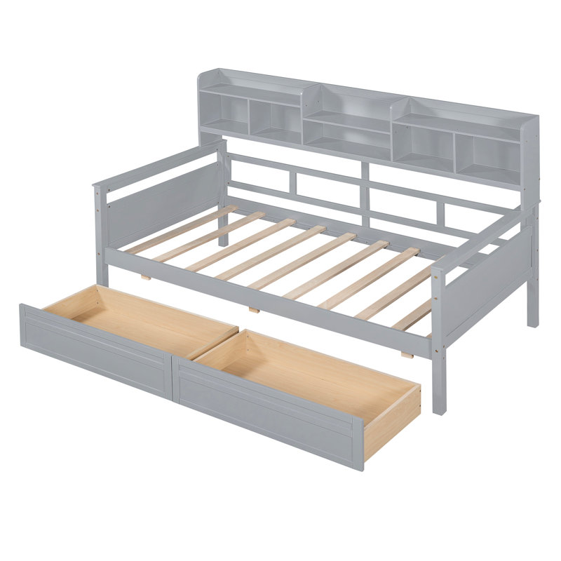 Twin Daybed, Gray - Strong Wood Slat Build, Bedside Storage & Functional Design Daybed In Supported Frame, Shelf Drawers For Utility