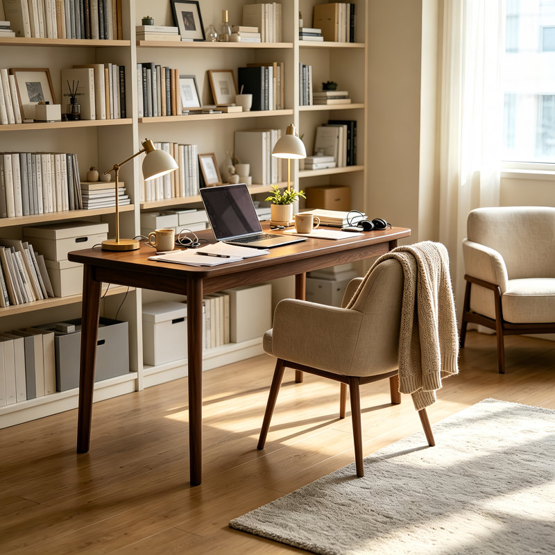 H-Shaped Walnut Solid Wood Desk, Classic Compact Writing Desk for Bedroom & Office, Space-Saving Small Study Table