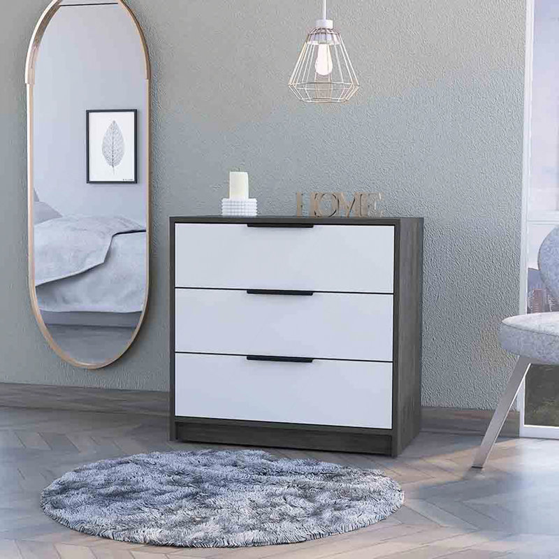 Commode à 3 tiroirs, chêne fumé et blanc