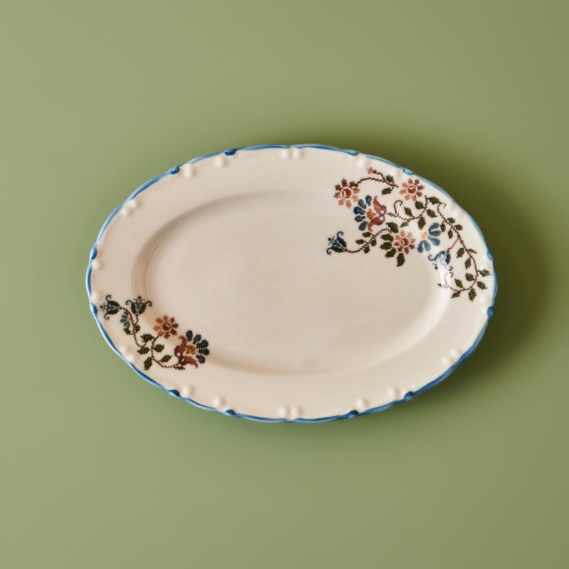 Vintage Oval Porcelain Serving Platter, 12" H x 12" W x 2" D