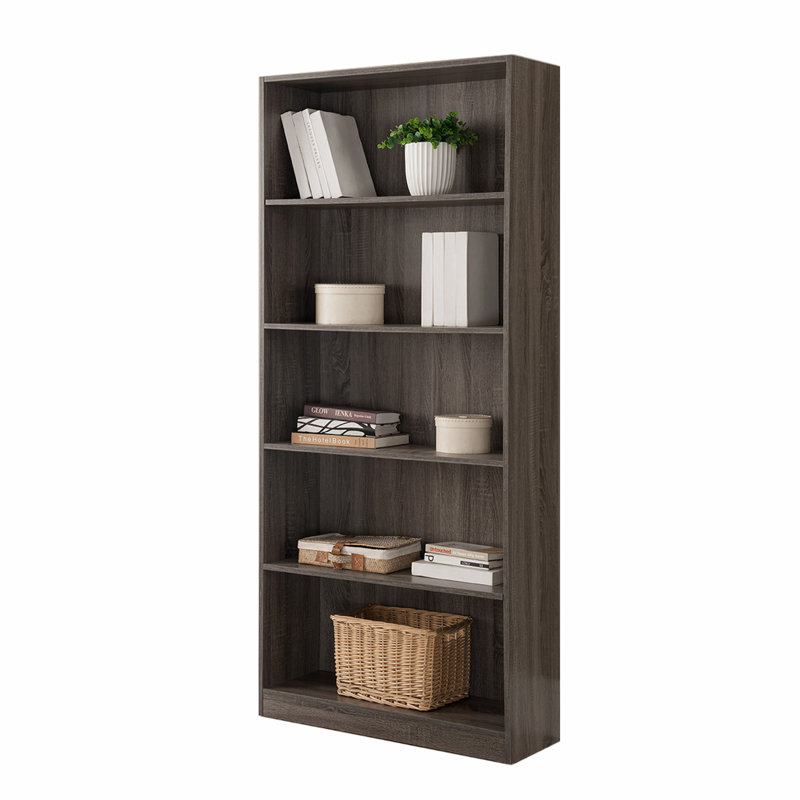 Vitrine à cinq tablettes en bois avec moulure de couleur gris