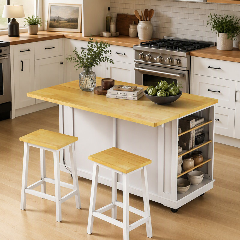 Îlot de cuisine 48 po avec 2 tabourets de bar, prise de courant, support de rangement interne, abattant, 2 tiroirs, Blanc