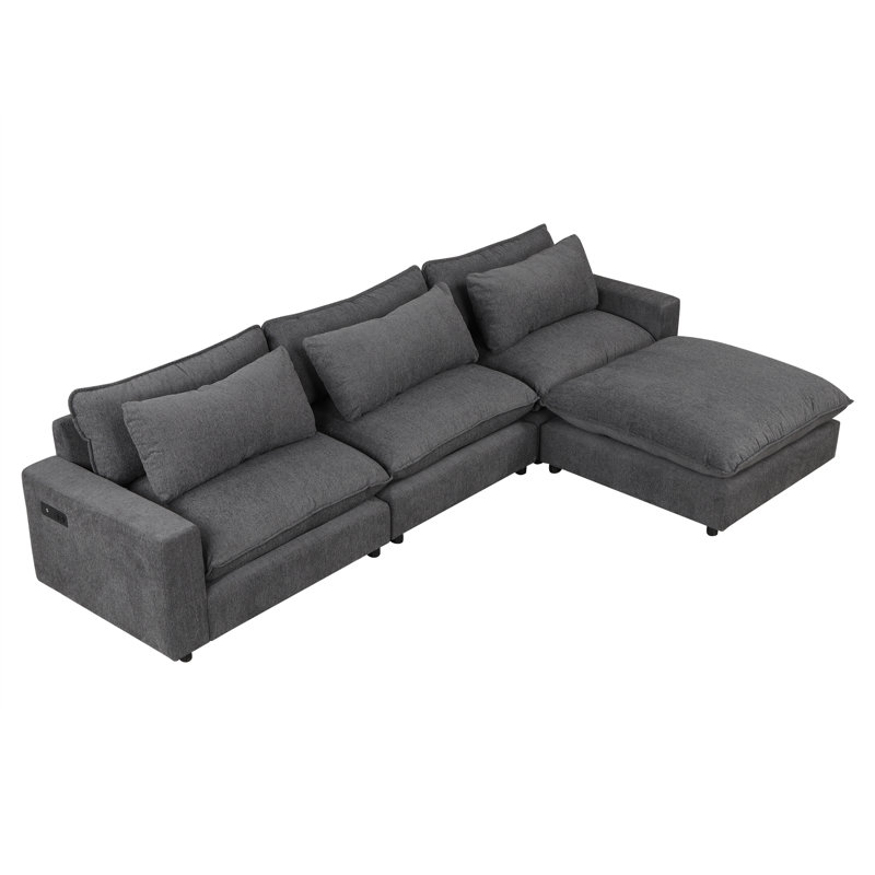 128" Sectional Sofa With Movable Ottoman, Charging Ports And Back Pillows, Grey Chenille