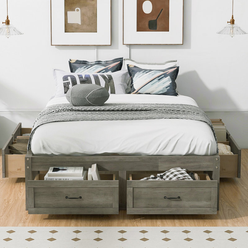 Lit plateforme en bois avec 6 tiroirs de rangement, Gris antique, Double
