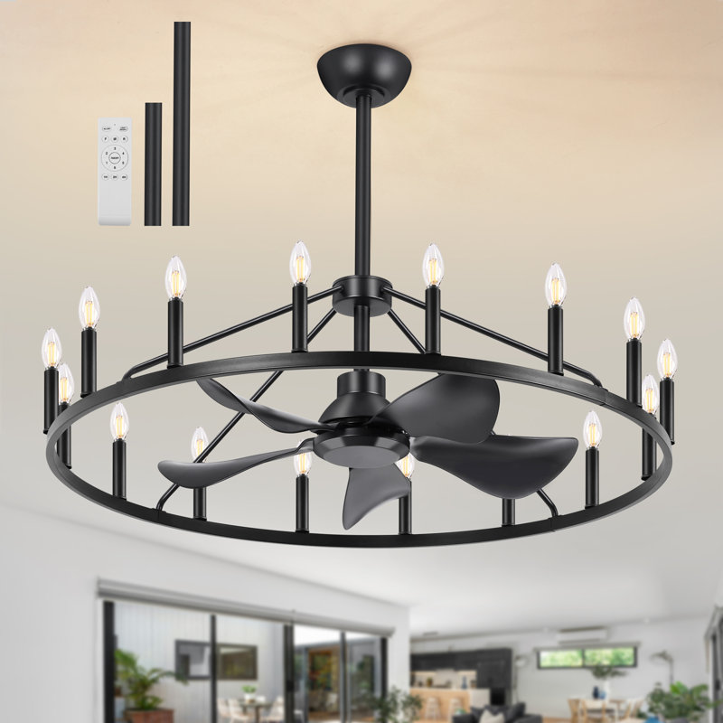 41-Inch Wagon Wheel Chandelier Fan, Black
