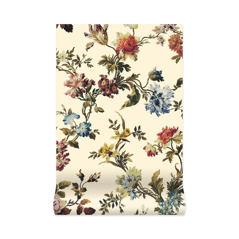 Rosetta 9.84' L x 70.8" W Wallpaper Roll, Cream/Green/Blue