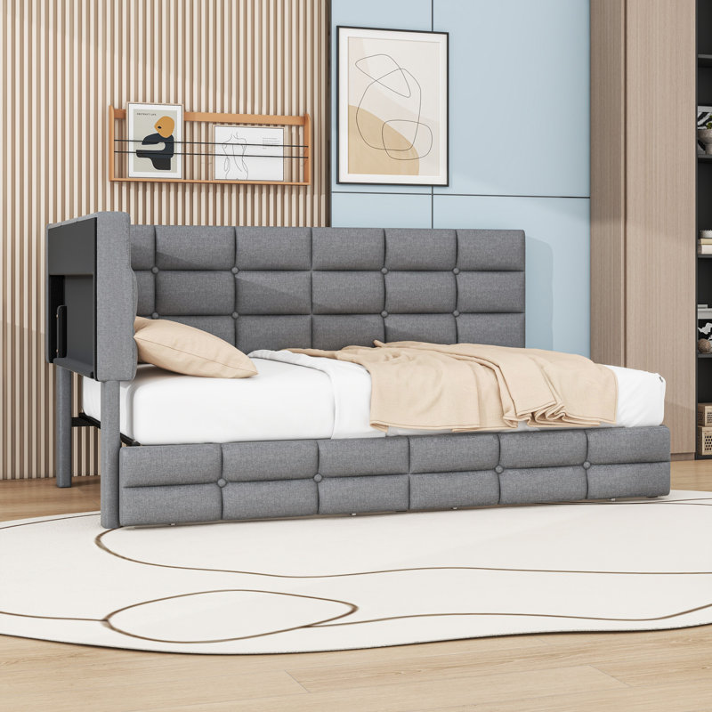 Twin 2 Drawers Upholstered Daybed with Charging Station and Lights, Gray