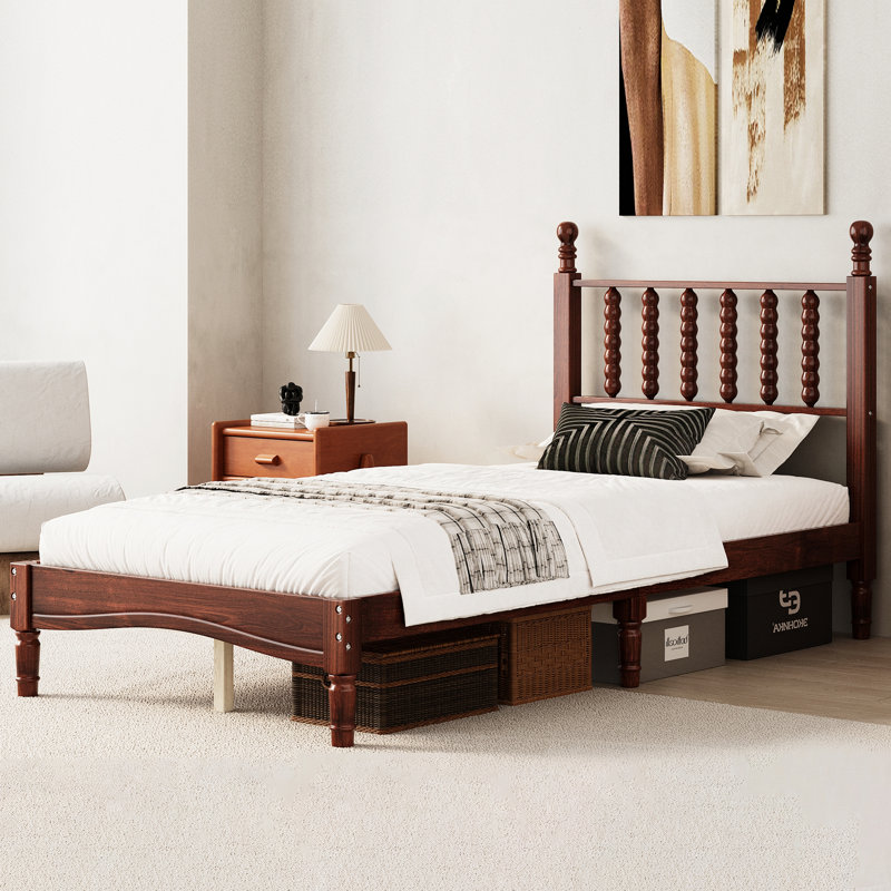 Lit plateforme en bois avec tête de lit en forme de gourde, lit plateforme avec support en lattes de bois, Noyer