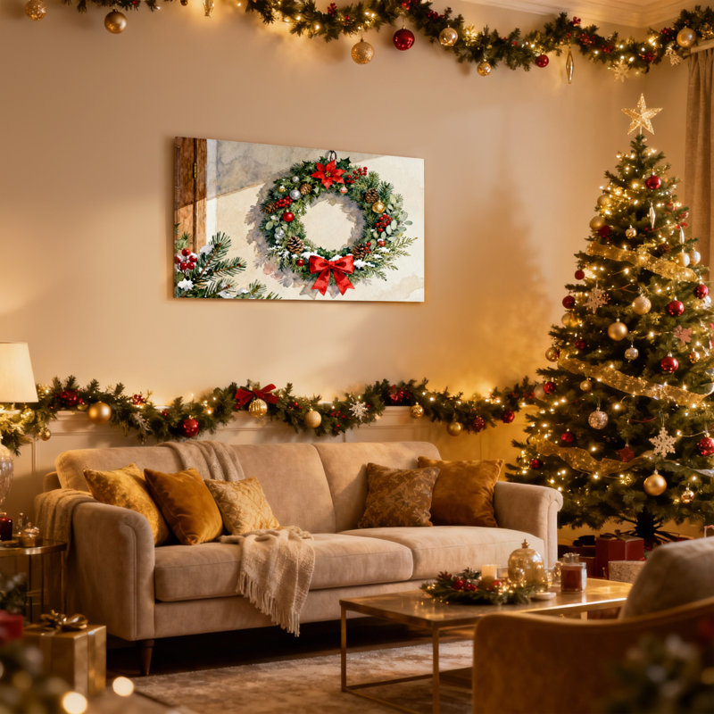 Couronne de Noël de Noël avec un arc rouge et des pommes de pin, ensemble de 3 impressions sur toile, H 12 po x l 18 po