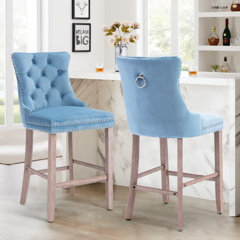 Modern Velvet Upholstered Bar Stools, Sky Blue