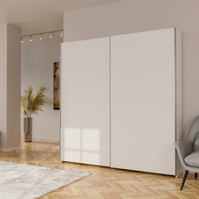 Modern sliding door wardrobe, 2-doors, space-saving, engineered wood, white, 210cm H x 200.1cm W x 39.1cm D