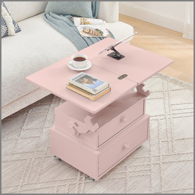 Table de bout roulante à hauteur ajustable laquée ultrabrillante avec station de charge et roues universelles avec freins, table à plateau relevable multifonctionnelle avec tiroirs de rangement pour la chambre à coucher du salon
