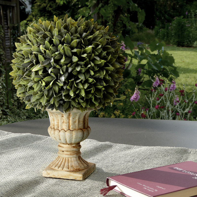15'' Green Plastic Sage Topiary in White Cement Planter