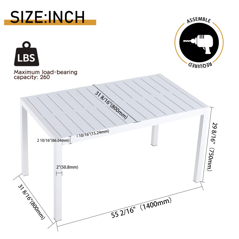 55 Inch White Modern Dining Table, Indoor/Outdoor Multi-Purpose Long Table With Lightweight PP Tabletop with Metal Legs
