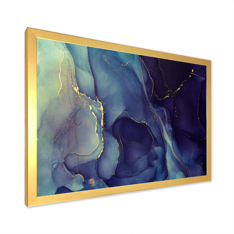 Abstrait, art mural sur toile, impression à l'encre liquide bleue, H 34 po x l 44 po, Toile avec cadre photo, Doré