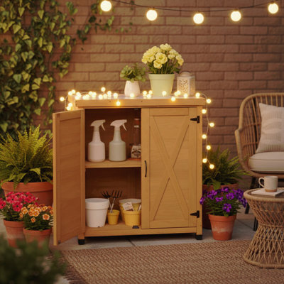 Potting Bench with Storage Cabinet and Metal Table Top for Outdoor Patio,Outdoor Work Station Table