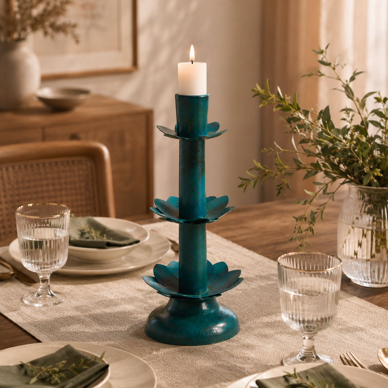 Metal Tabletop Candlestick, Green, 11" H x 5" W x 5" D