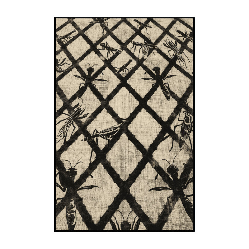 Machine Washable Oryn Praying Mantis Traditional Trellis Rug in Beige – Black Binding, 5 x 7