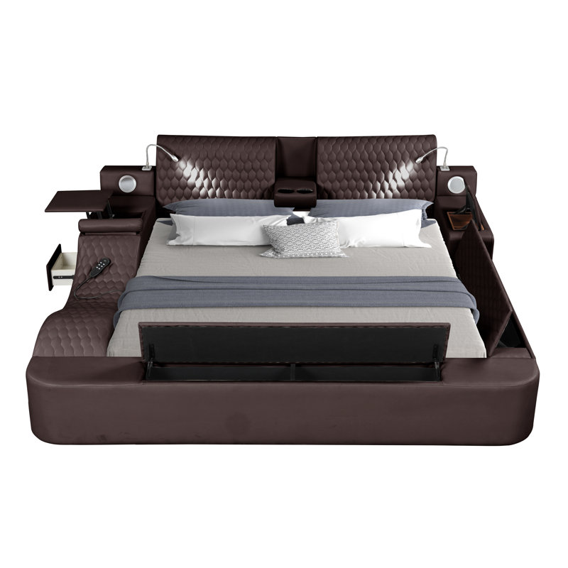 Mayuzi Multi Functional Smart Bed with Upholstered Frame, Massage Chair, Bluetooth Speakers, and Reading Lights, Brown, Queen