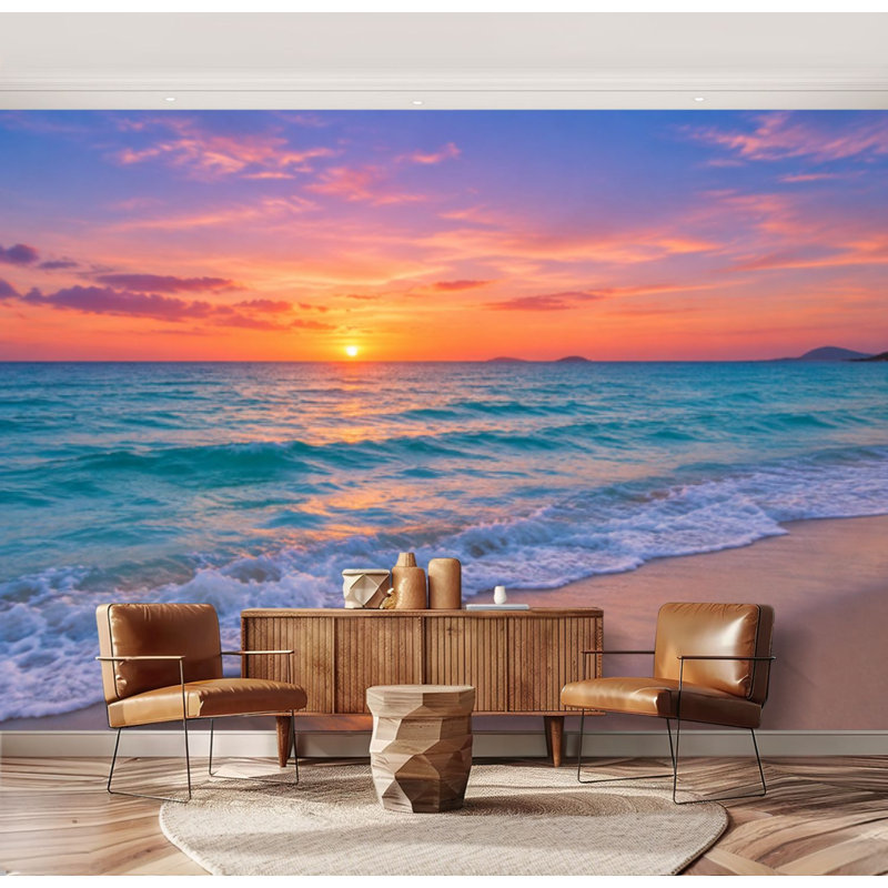 Papier peint adhésif autocollant de plage bord de mer rose Sunset Sunset, L 69 po x l 96 po