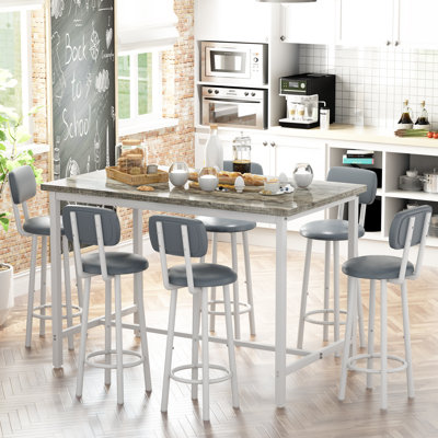 Dining Table Set For 6, 7-Piece Bar Table Set, 50" Industrial Counter Height High Top Table With 6 PU Upholstered Stools, Space-Saving Pub Table Sets For Small Space Bar, Kitchen, Restaurant