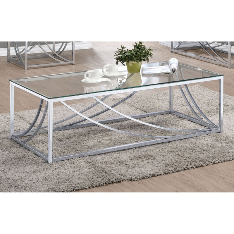 Et table basse rectangulaire en verre avec pieds en métal pour le salon - hauteur de 17 po, largeur de 48,35 po, profondeur de 23,5 po, look contemporain, supports faciles à entretenir.